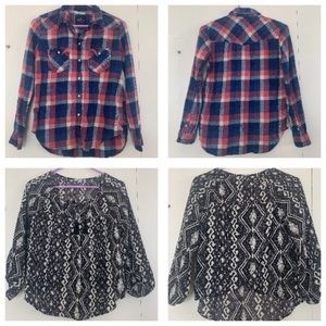 American Eagle Outfitters Bundle Flannel Plaid Shirt & Boho Blouse Top Size XS.